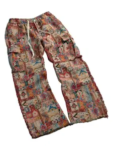 Men's Ethnic Tribal Geometric Jacquard Cargo Pants - Geo, Vintage-Inspired Menswear, Elastic High-Waist, 2 Side 3D Pockets, Raw Frayed Hem, Thick Structured Loose Flared, Retro Daily Street Bottoms, Geo Men's Pants, Jacquard Men's Pants