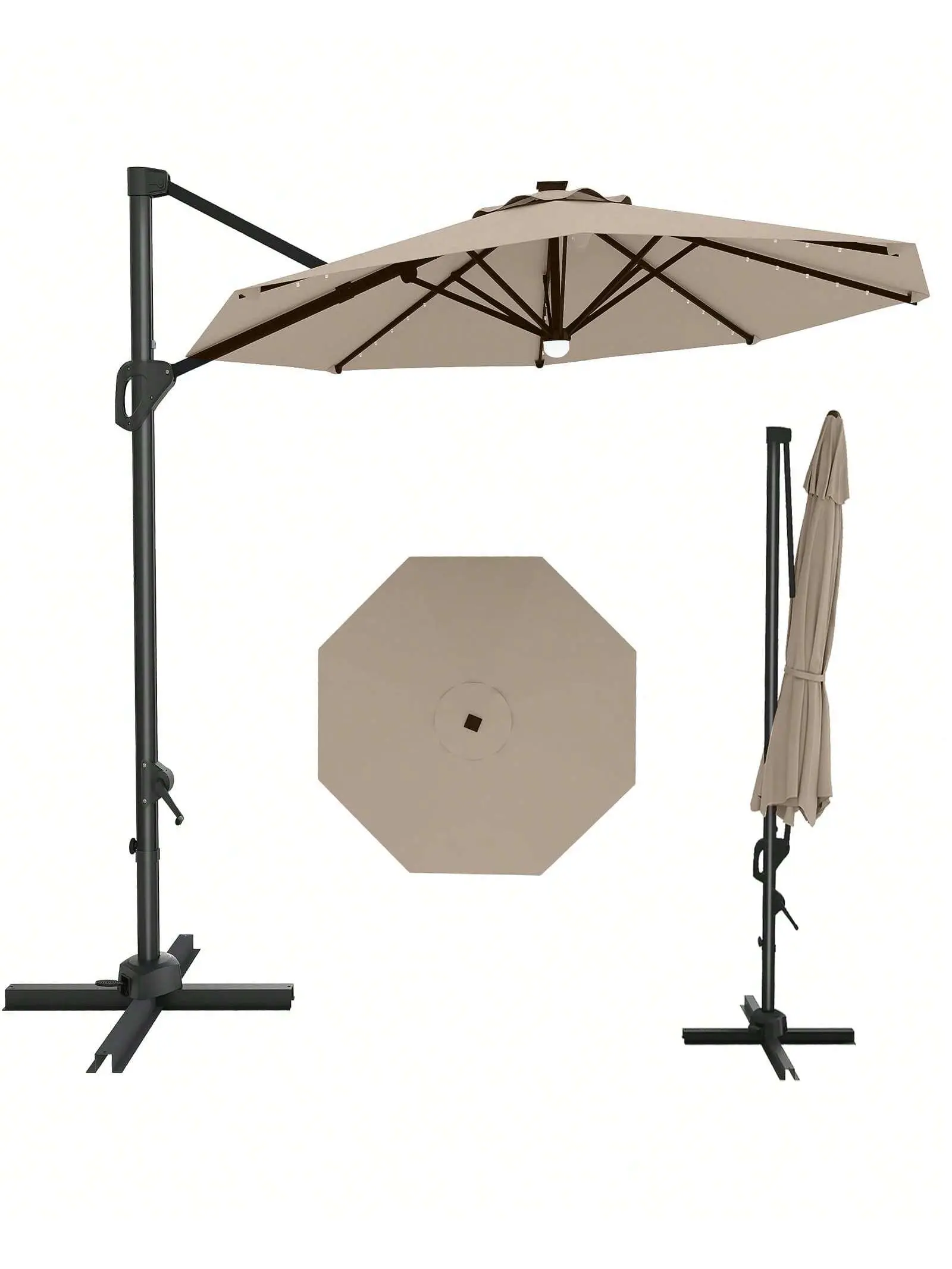 10FT Windproof Sturdy Outdoor Cantilever Patio Parasol with Adjustable Sunshade Canopy, Tilting Function, Solar-Powered LED Lights, 360-Degree Rotation & Included Base for Backyard, Garden, Adjustable Canopy, Outdoor Canopy