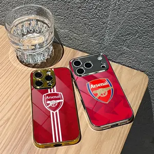 Famous Team A-Arsenal Phone Case For iPhone 17 16 15 14 13 12 Pro Max Plus Electroplated Metal Bumper Case Slim Tempered Glass Back Shockproof Anti-Scratch Luxury Case Fashion Durable Stylish