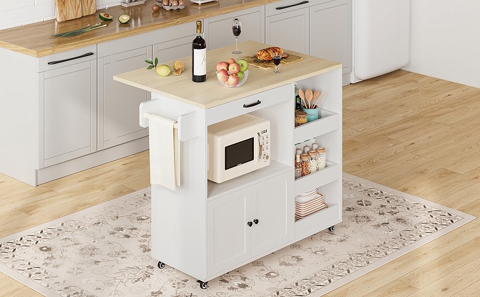 LIKIMIO Kitchen Island with Drop Leaf, Rolling Kitchen Island Cart on Wheels with Storage, Microwave Cart with Pull Out Open Shelves and Drawer, Mobile Kitchen Storage Islands
