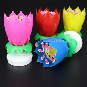 Lotus Rotating Musical Candle Craft ins blossom Birthday Cake Flat Bottom Electronic (Set of 4) Lotus Candle