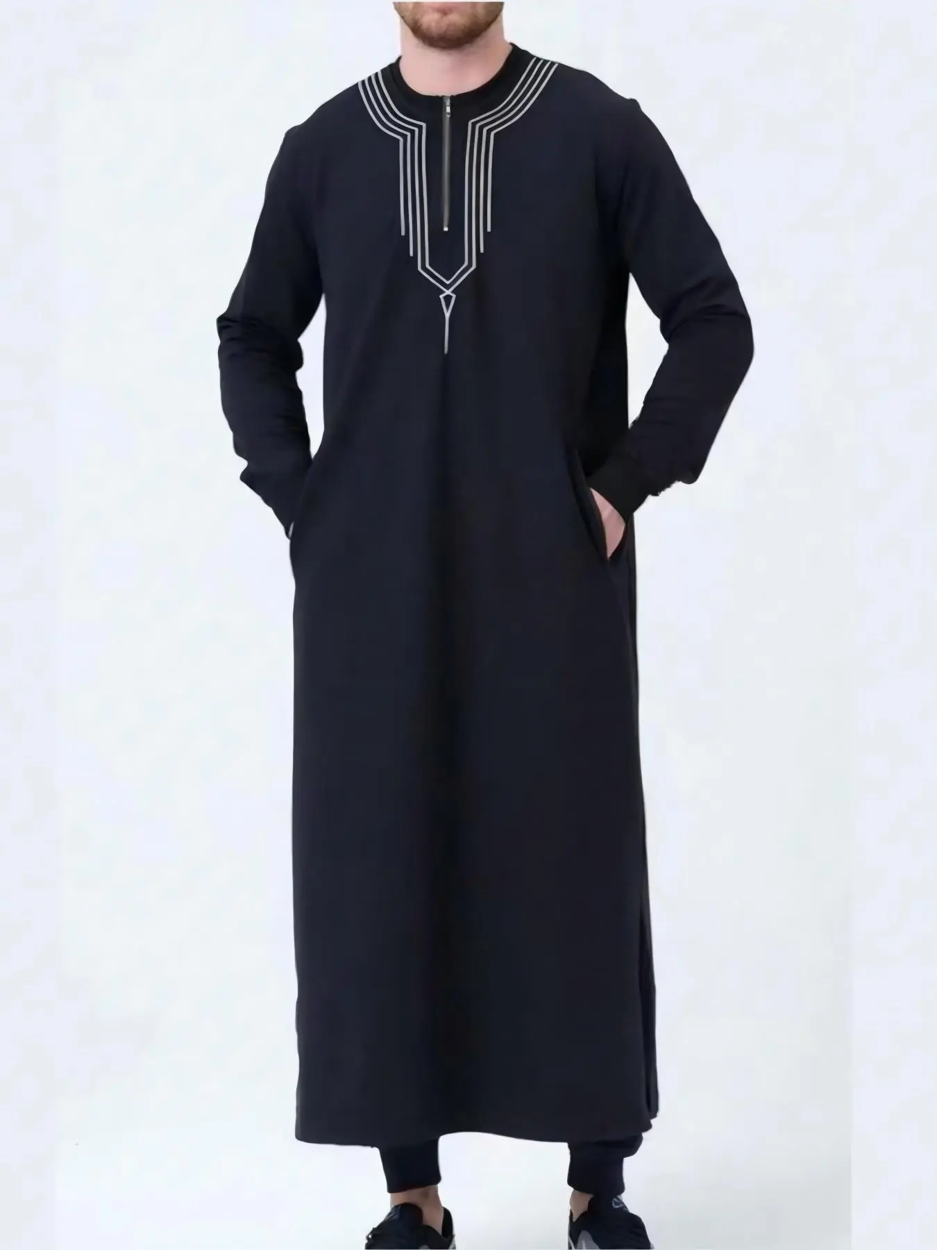 Men's Front Half-Zip Closure Embroidered Robes with Pockets, Loose Casual Modest Long Sleeve Round Neck Robes for Spring & Fall, Fashion Islamic Muslim Clothing for Men, Traditional Arabic Robe, Premium Traditional Modesty Thobe