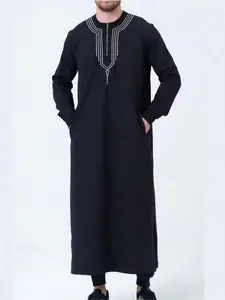 Men's Front Half-Zip Closure Embroidered Robes with Pockets, Loose Casual Long Sleeve Round Neck Robes for Spring & Fall, Fashion Muslim Clothing for Men, Traditional Arabic Robe, Premium Traditional Thobe