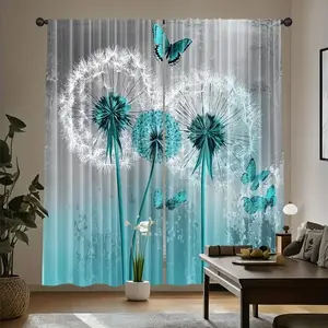 2pcs Turquoise Dandelion Butterfly Curtains, Polyester Fiber, Light Filtering, Easy to Hang, Bedroom Living Room Decor
