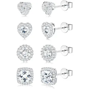 Trendy 4 Pairs Sterling Silver CZ Stud Earrings for Women 14K Gold Plated Brilliant Celtic Heart Big Stud Earrings Set Cubic Zirconia Earrings Studs for Sensitive Ear