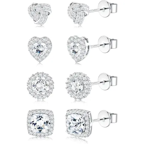 Women's 4-Pair 925 Real Silver Double Plated Dual Tone Earrings Set - 14K Gold/White Gold, 10mm Celtic Heart, Square CZ Studs, Hypoallergenic for Sensitive Ears, Daily Elegance Fashion Accessory