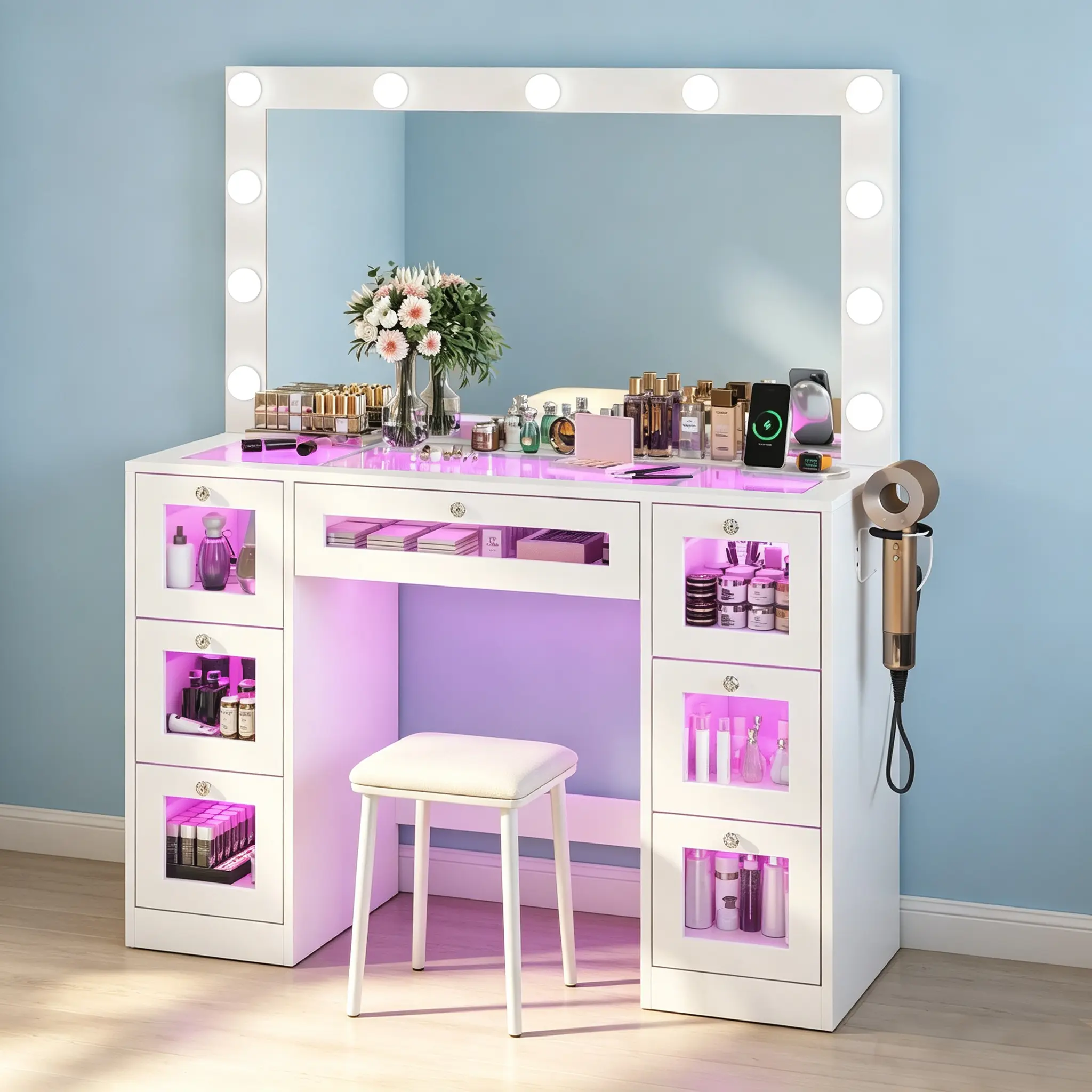 CollaredEagle Vanity Makeup Desk with LED Mirror, Tempered Glass Top, 7 Drawers, RGB Ambient Lighting, 11 Adjustable Lights, Power Outlet & Touch Control, Makeup Dresser for Bedroom