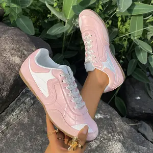 Women's Retro Style Bowling Shoes - Pastel Pink and White Lace-Up, Artificial Leather Upper & Non-Slip Rubber Sole, Low-Cut Sports Casual Shoes, All-Season, Wavy Edge Design, Fabric Lining, Wear-Resistant and Grippy