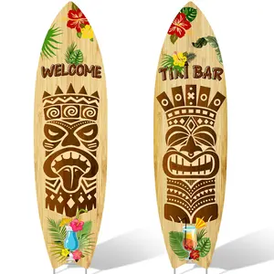 2 PCS Tiki Bar Surfboard Yard Signs Surfboard Beach Signs with Stakes Hawaiian Luau Party Decoration Summer Theme Decor for Tiki Bar Beach Outdoor
