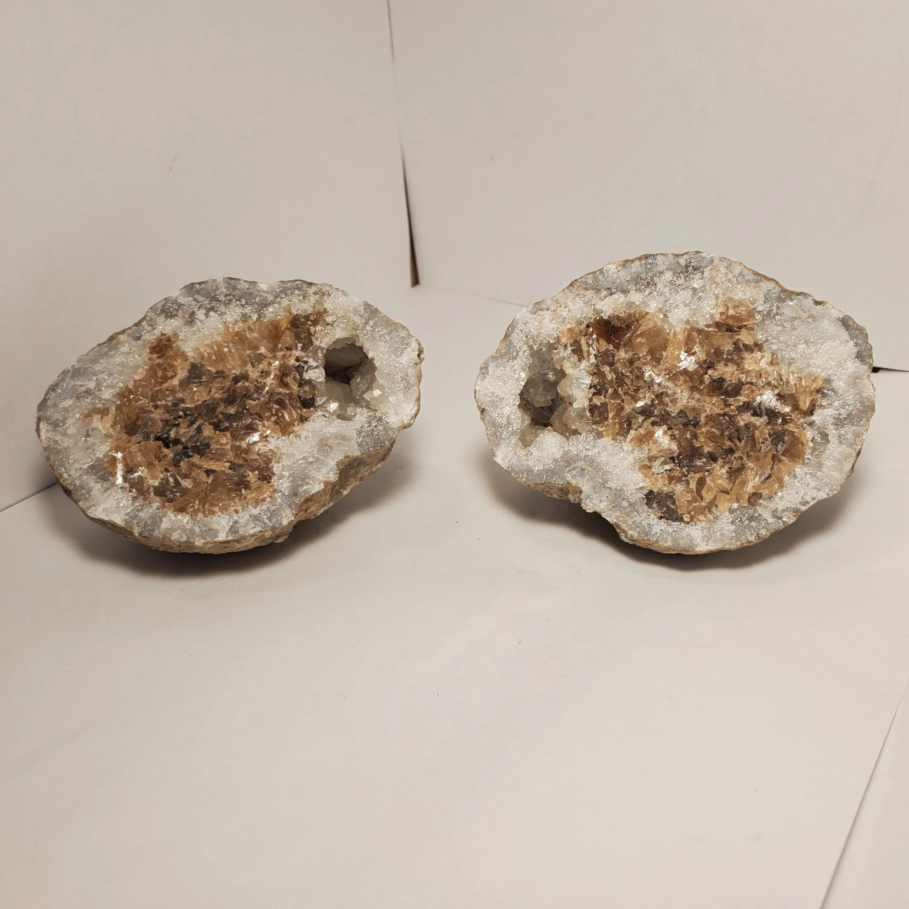 Brown Calcite Keokuk Geode Split Pair, UV Reactive Mineral, Geode Natural Crystal Decorations, Rock and Mineral Collectibles