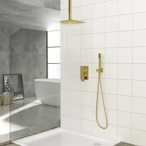 (High end and high-quality)Dual Shower Head - 12 Inch Ceiling Mount Square Shower System with Rough-in Valve, Gold On-Site