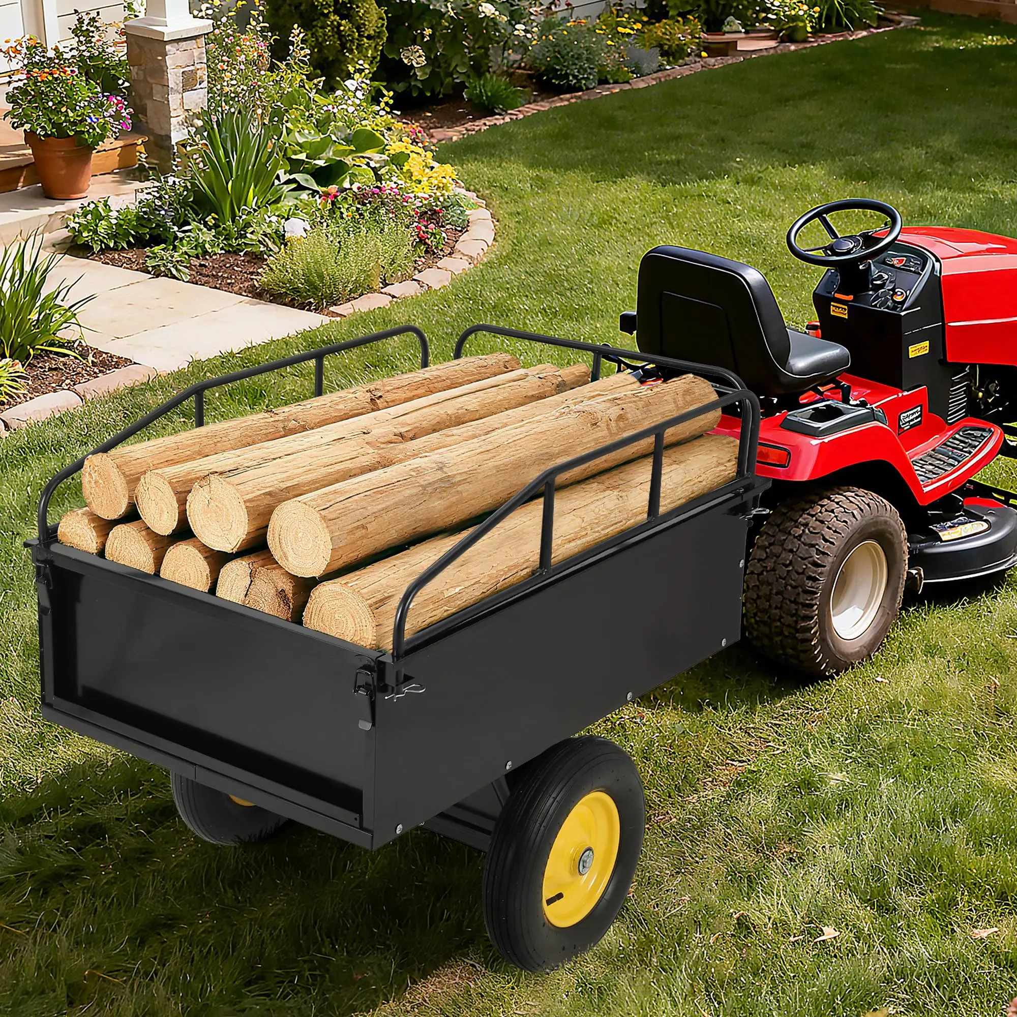 Garvee 750LB Capacity Steel Dump Cart - Heavy Duty Garden Utility Trailer for Lawn Mower, ATV, and Tractor - Durable Yard and Pull Behind Trailer for Outdoor Use