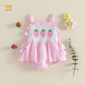 Baby Girl Strawberry Smocked Bubble Romper Sleeveless Pink Gingham Ruffle Bodysuit Summer Outfit