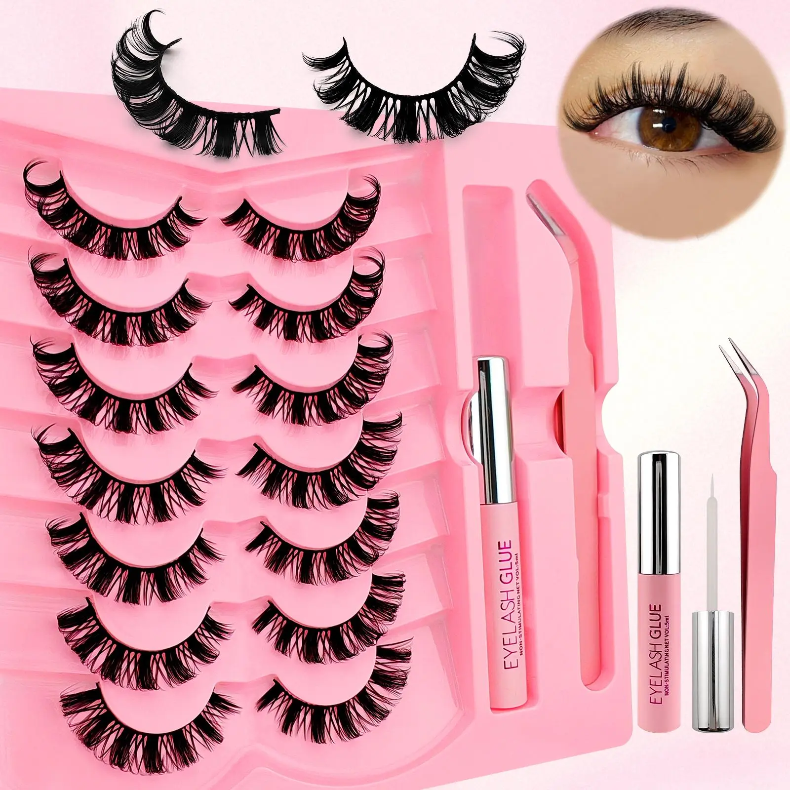 Fluffy False Eyelashes with Eyelash Glue & Tweezers, 1 Box Natural Curling Wispy Faux Cluster Lashes, Feline Lash Look, DIY Eyelash Cluster, Volumized False Eyelashes for Women and Girls, Makeup, Fake Lashes
