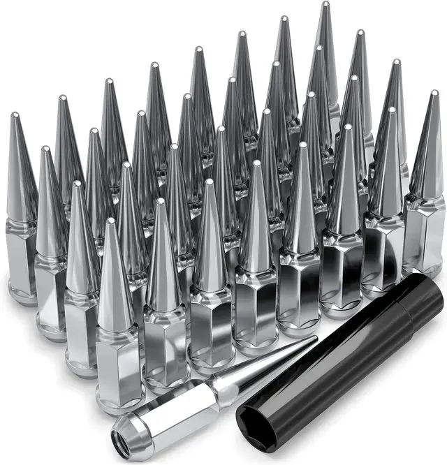 Spike Lug Nuts 9/16-18 Thread Fits Aftermarket Wheels 4.5" Inch Tall In Chrome, Black
