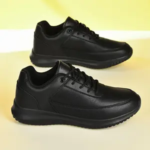 Unisex Non-Slip Chef Work Shoes Black All-Season Basic Comfortable Sport Shoes for Healthcare & Food Service, Casual Minimalist Style, Solid Color, Lace-up Low-Top Sneakers with PU Upper, Fabric Inner & Insole, Rubber and EVA Sole for Hiking, Daily Wear,