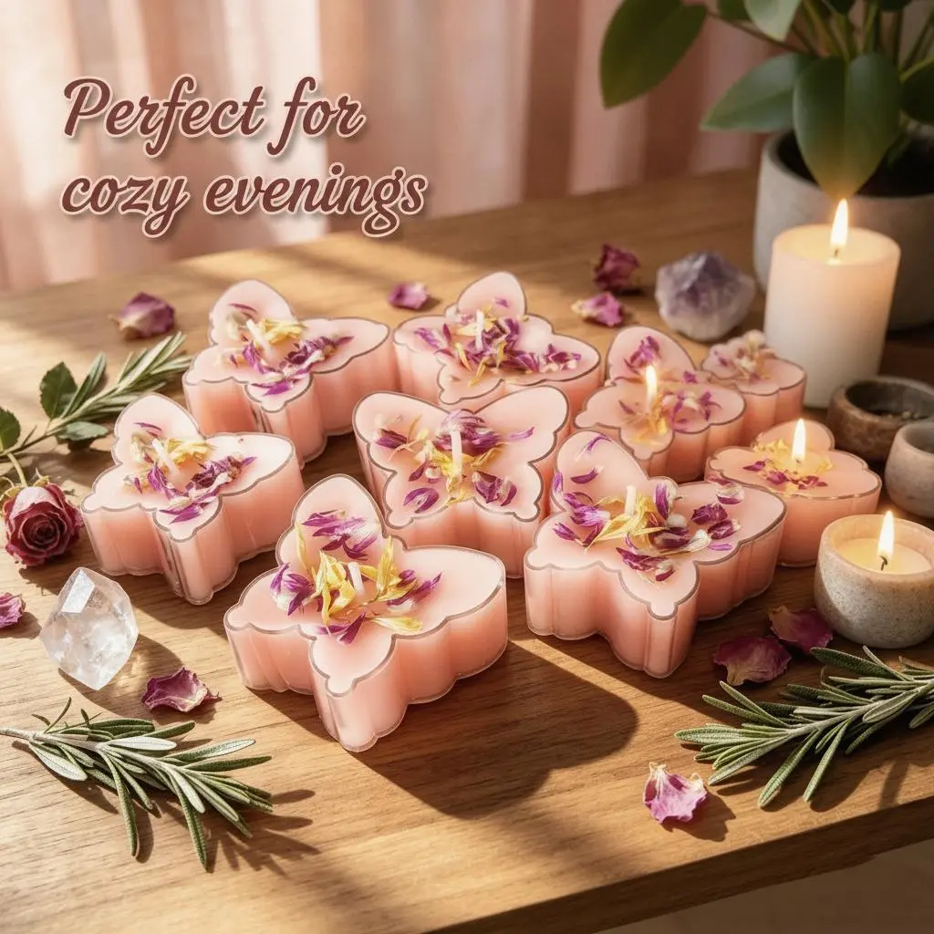 Butterfly-shaped pink tea wax, soy wax scented candle, embossed dried flower wish candle, suitable for home decoration, wedding gifts, party fragrance relaxation, Halloween, anniversaries and Christmas, holiday gifts