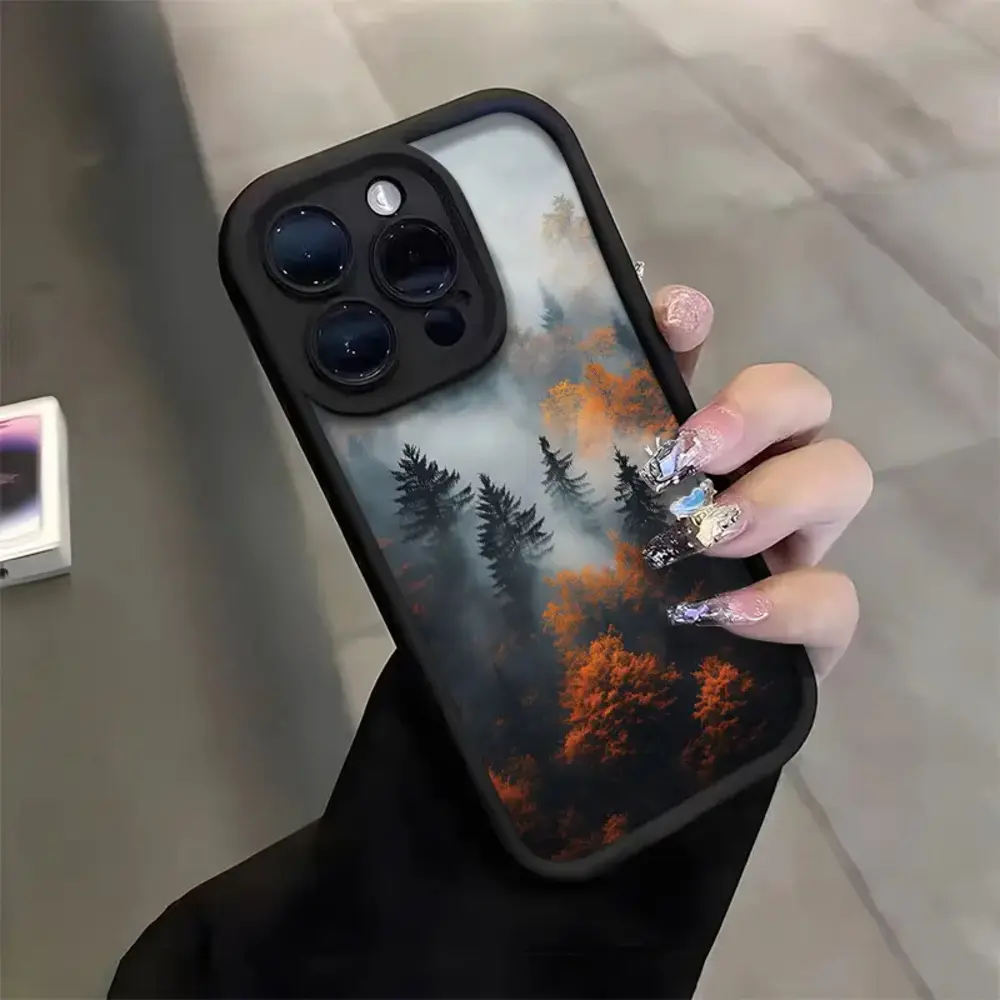 Smoke Forest Landscape 2D Printing Silicon TPU Phone Case for iPhone (17,16,16e,15,14 Plus,13,12 Mini,11,Air,X,XS,Pro Max) - Straight Edge, Raised Edges, Shockproof, Anti-Drop, Drop Resistant, Rugged, Durable Mobile Phone Protection Accessory