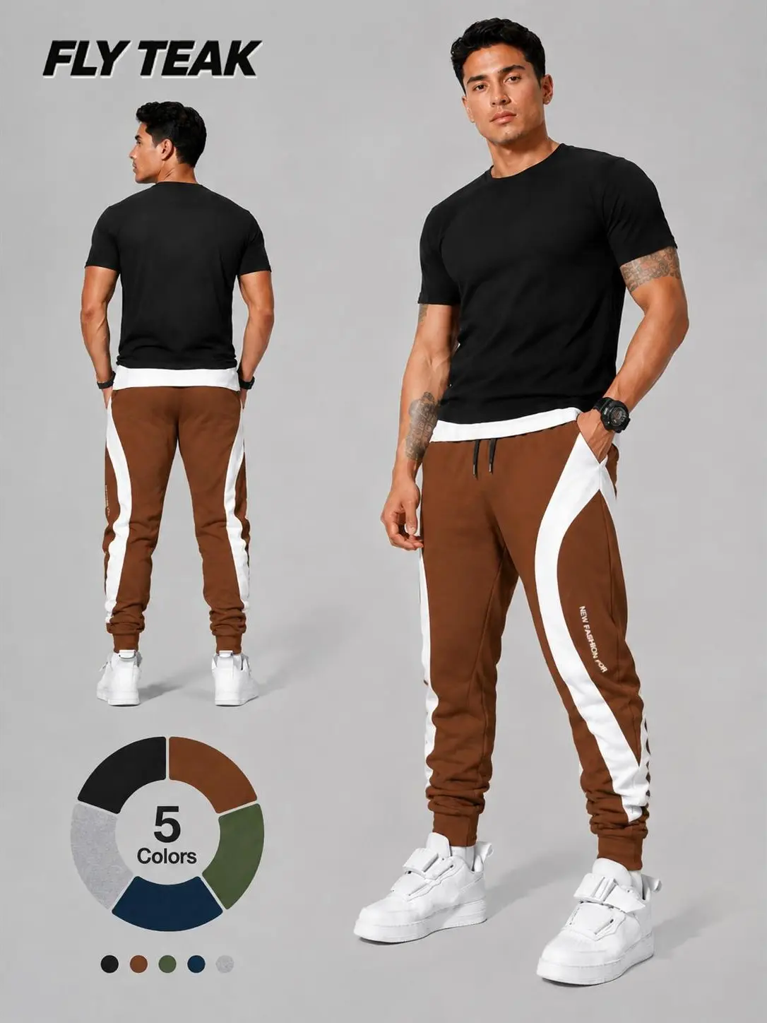 FLYTEAK Men's Color Block Jogger Pants - Curved Contrast Splice, Drawstring Waist, Tapered Fit Sweatpants with Side Pockets for Sports, Daily Wear