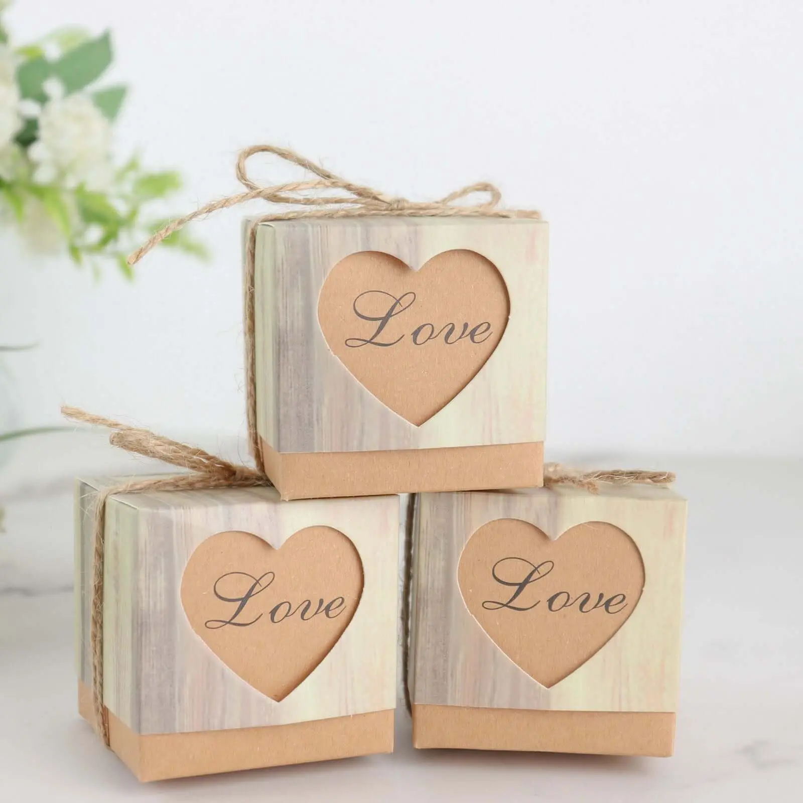 25 Pack Rustic Wood Pattern Natural Brown Paper Party Favor Boxes, Square Candy Gift Boxes with Burlap Jute Twine and Love Heart Cut Out 2.5", Birthday Gift Box, Gift Wrapping Supplies