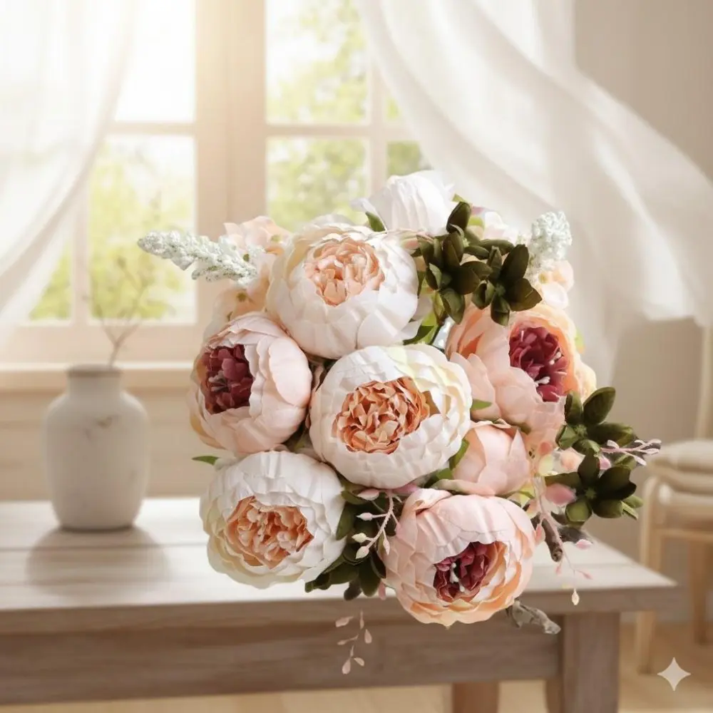 High-Simulation Peony Hydrangea Artificial Flower Bouquet, Artificial Mixed Flower, Ins Style Wedding Party Home Decor, Floral Arrangement for Festive Table Decor, Centerpiece, Mothers Day Gift, Artificial Flower Decoration