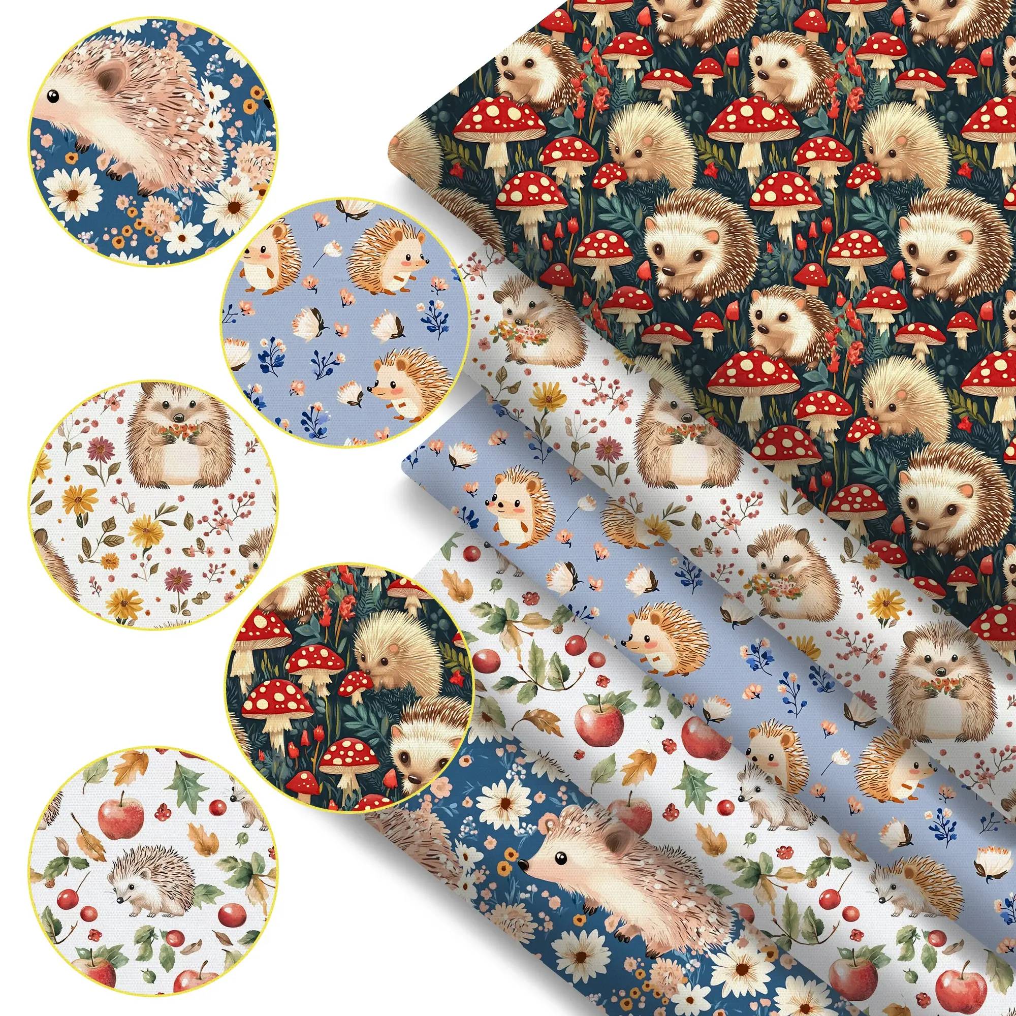 5 Pieces Hedgehog Mushroom Flower Spring Summer Print Aesthetic Fabric Floral Patchwork Design, Handmade Home Decor DIY Sewing Patchwork Material, 7.8"x7.8"(20x20cm)