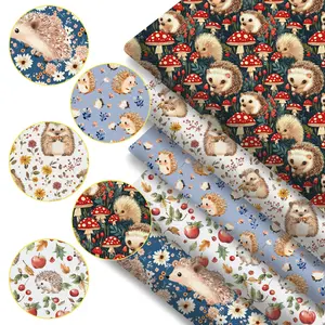 5 Pieces Hedgehog Mushroom Flower Spring Summer Print Fabric, Handmade Home Decor DIY Sewing Patchwork Material, 7.8"x7.8"(20x20cm)