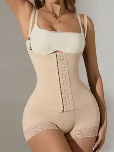 1 Count Women's Tummy Control Compression With Lace Trim Medium Support Half Placket Body Shaperwear, Fajas, Hourglass Comfortable Fit Curves Jumpsuit, Colombian Shapewear, Effectively Tightening Abdomen Bodysuit, Suitable For Various Occasions