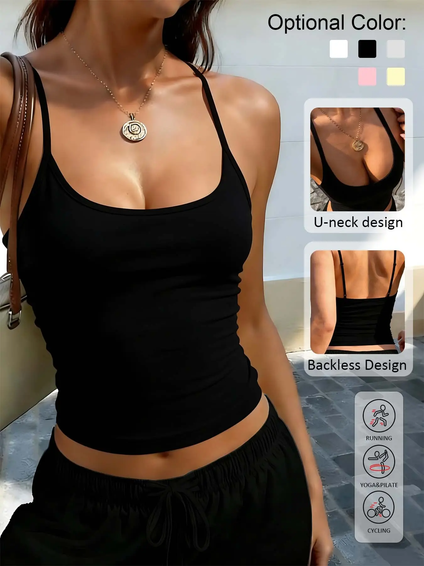 Women’s U-Neck Backless Camisole, Sleeveless Slim Fit Spaghetti Strap Tank Top, Stretchy Basic Cami for Yoga Workout Casual Streetwear Summer