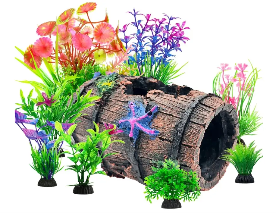 Fish Broken Barrel Decor Fish Tank Decorations Betta Fish Tank Accessories,Starfish Barrel x 1pc, Aquarium Plants x 8pcs