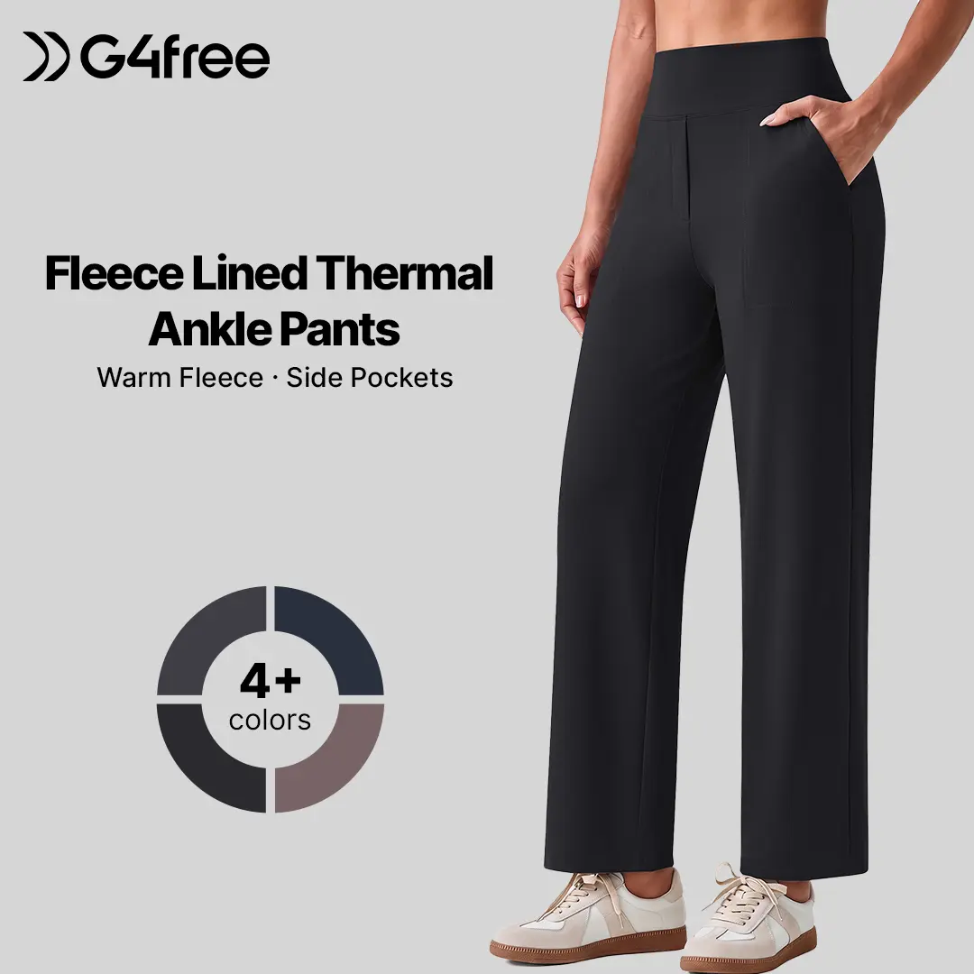 G4Free EverGoing Women's Fleece Lined Ankle Pants - Mock Fly Wide Leg Trousers, Thermal Fabric, Side Pockets, Elastic Waist, Womenswear Bottom for Casual, Dressy Work