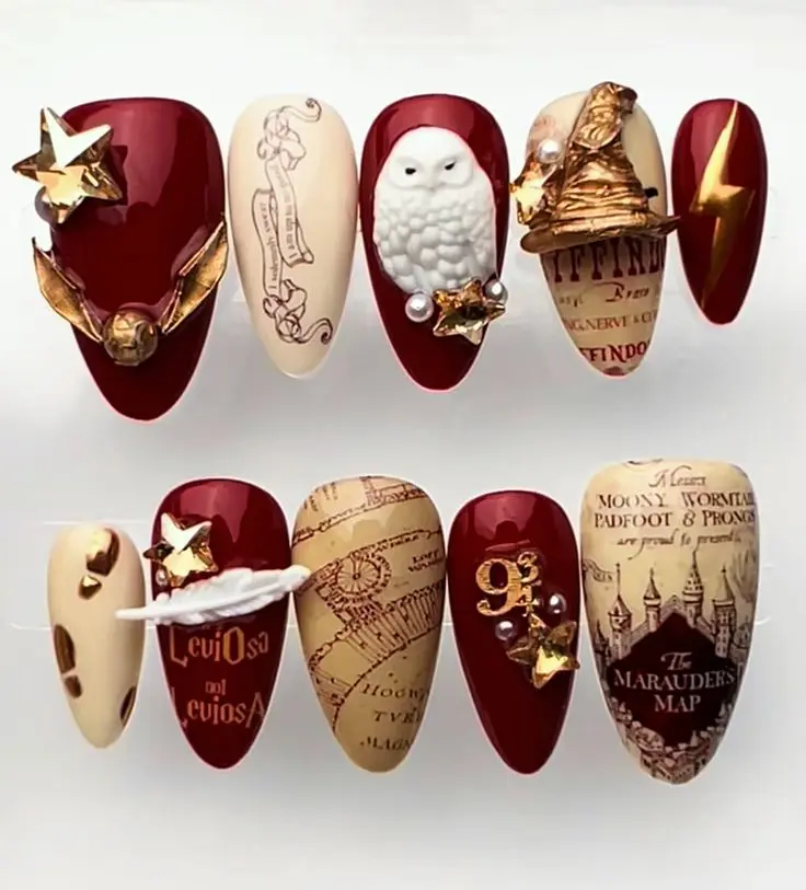 Handmade Wizard School Inspired Harry Press On Nails | Burgundy Gold 3D Owl Snitch Magic Hat Fantasy Fake Nails with FREE Adhesive Tabs FREE Nail File FREE Cuticle Stick