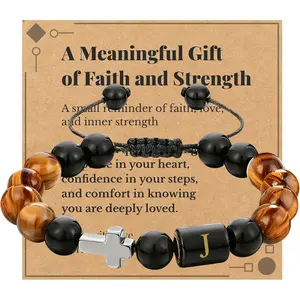 Initial Mens Bracelet with Cross - Religious Faith Beaded Bracelt Gift for Him Man Male Friend, Adjustable Tiger Eye Black Onyx Beads Braclet for Birthday Confirmation Sponsor Anniversary