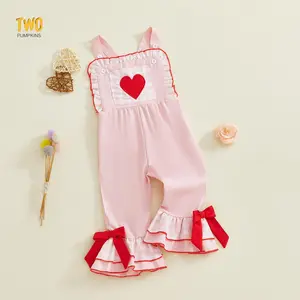 Toddler Baby Girl Valentines Day Outfit Ruffle Romper Jumpsuit Heart Embroidery Sleeveless Striped Bell Bottom Overall