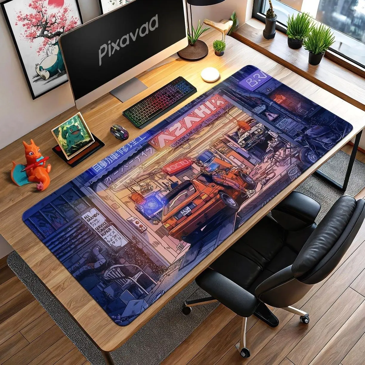 Initial D Car Shop Mouse Pad - AE86 Tuning Garage Anime Scene, JDM Drift Culture Desk Mat, Tokyo Night Racer Gift Pixava