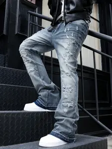 High Street Heavy Distressed Jeans, Vintage Wash Micro Flare, American Street Style, Fashionable Denim Jeans for Men and Women