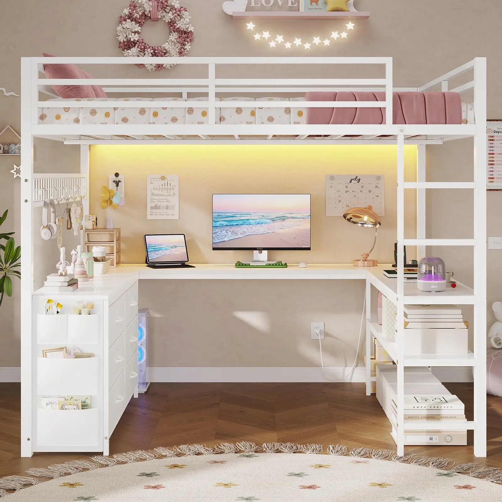 Sikaic Full Size Loft Bed with U-Shaped Desk and 6 Storage Drawers, LED Metal Bed Frame with Charging Station and 2 Shelves