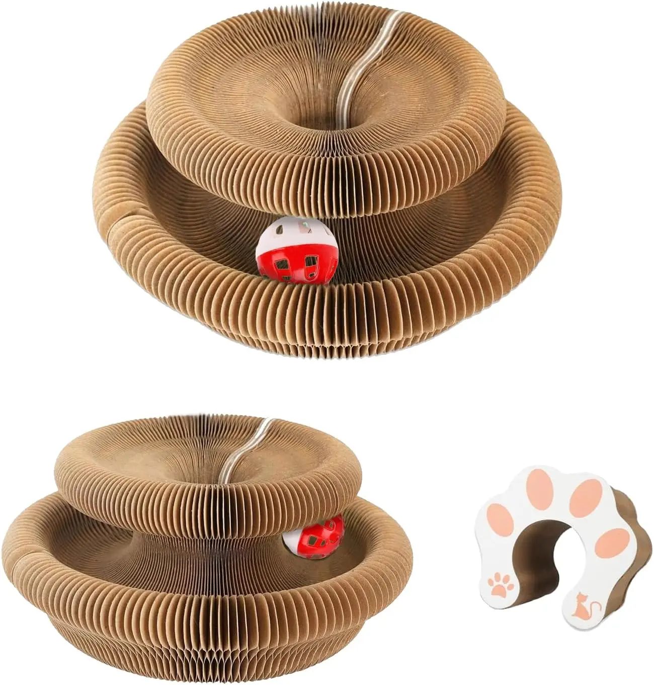 2pcs Cat Pad Scratcher Toys, Magic Organ Cat Toy & Kitty Curls Cat Toy, Interactive Cardboard Cat Scratching Board with Bell Balls, Corrugated Scratcher for Indoor Cats, Light Brown