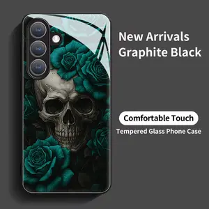 Dark Skull Intertwined with Teal Roses Black tempered glass shell for Samsung Galaxy S26 S25 S24 S23 S22Pro S21 S20 Fe Plus Ultra Pro A56 A55 A54 A53 A52 A51 A36 A35 A34 A32 A26 A25 A24 A23 A16 A15 A14 A06 A05 A03s