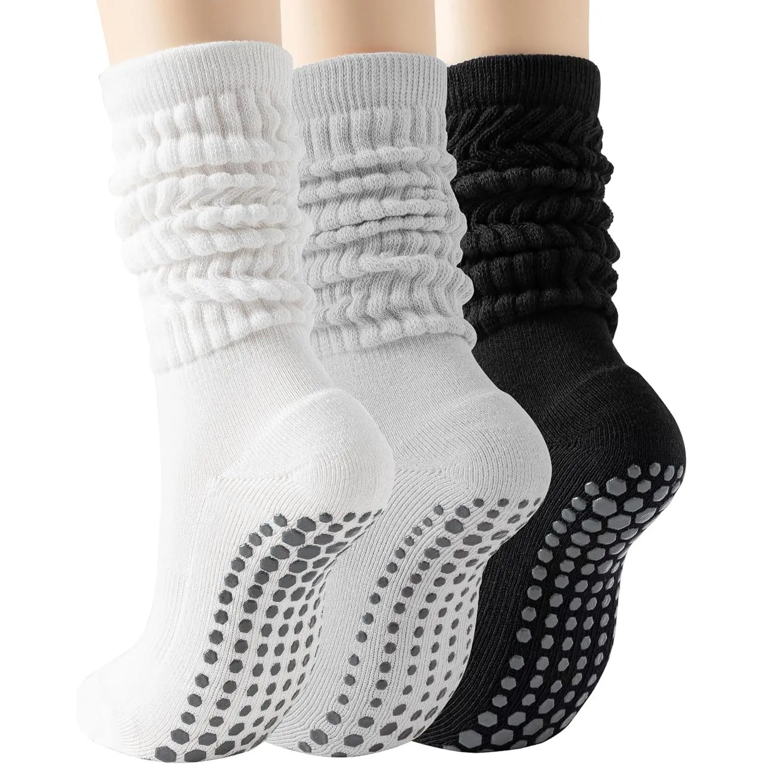Pilates Socks with Grips for Women, Yoga Grippy Sock, Non Slip Long Slouchy Scrunch Socks for Barre Workout