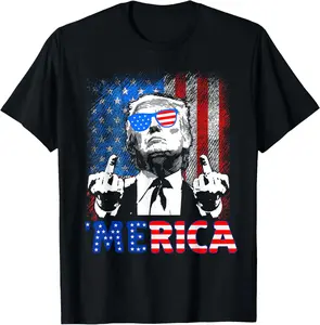 Men's Casual Pure Cotton Trump 4th Of July Merica American Flag Graphic Tshirt - Fitted Short-Sleeve Round Neck Menswear Streetwear Top for Summer (Pair with Sunglasses)