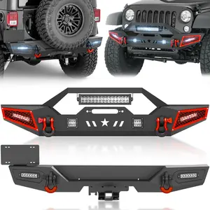 for Wrangler JK Front and Rear Bumpers Compatible with 2007-2018 Jeep Wrangler JK JKU Unlimited with Winch Plate, LED Lights, 2" Hitch Receiver, Paintable Armor, License Plate Frame & D-rings