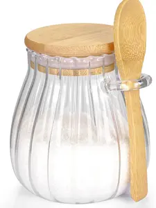Bamboo Sugar Container 15 oz Glass Jar with Bamboo Lid for Coffee Bar Accessories, Kitchen Decor & Housewarming Gift
