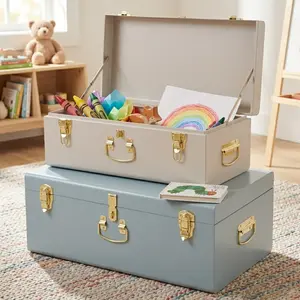 White and Light Blue Metal Storage Trunk Set of 2 Lockable for Kids Toy Box Keepsake College Dorm End of Bed Footlocker