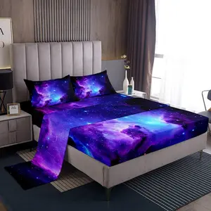 Galaxy Easy Care Luxury Bedding Set,Outer Space Universe Starry Sky Sheet Set,Ultra Soft Purple Stars Decor Bed Sheets,Home Decor Idea Bed Sheets Set