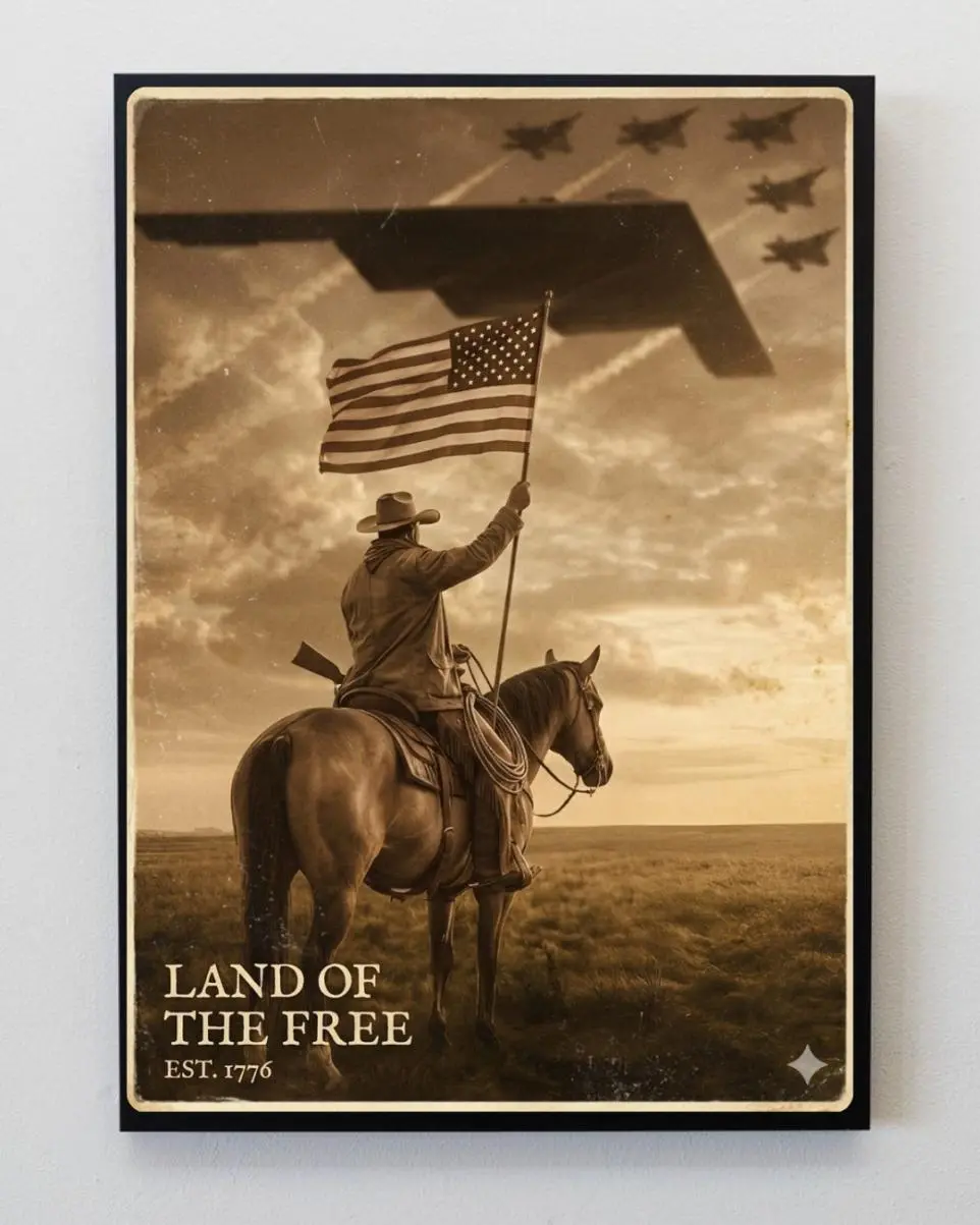 Vintage Cowboy B2 Poster, Retro 4th of July Wall Art, Patriotic USA Military Aircraft Print, Vintage Independence Day Decor, American Flag Art Western Wall Art Decoration