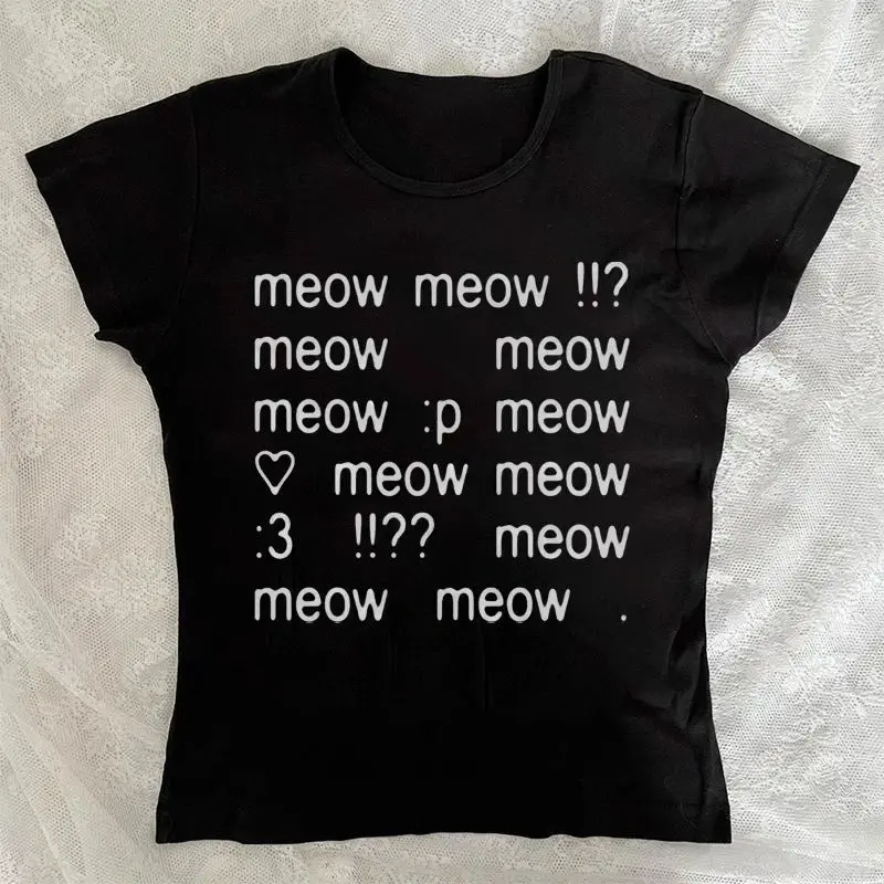 Meow meow Y2K Baby Tee, Vintage Grunge Lettering Graphic Print Baby Tee Y2K Style Tops Street Style Hip Hop Tops 90s Women's Tops Fashion