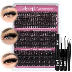 Fluffy Lash Clusters Kit 14-20mm Eyelash Clusters Kit 100D+150D+200D Wispy Cluster Eyelash Extensions Kit Individual Lashes Kit Thick Volume D Curl DIY Lash Extension Kit with Bond and Seal