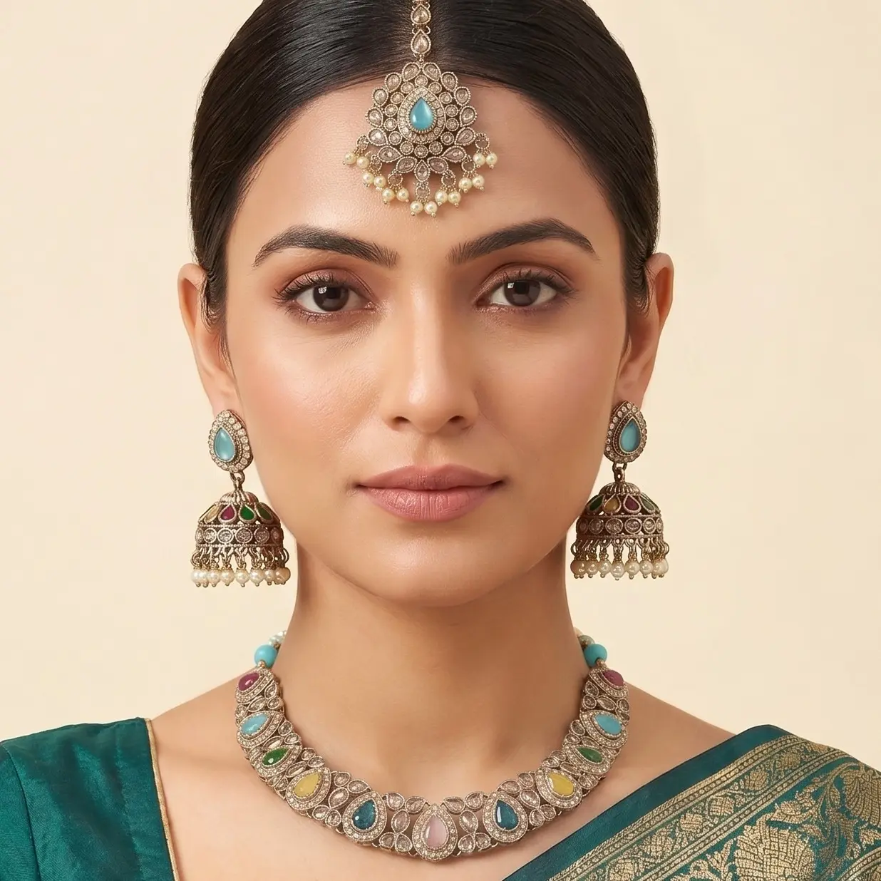 Irha Polki Necklace Set with Earrings and Maang Tikka for Weddings | Ligtweight Indian Jewelry, Indian Jewlery, Polki Stones