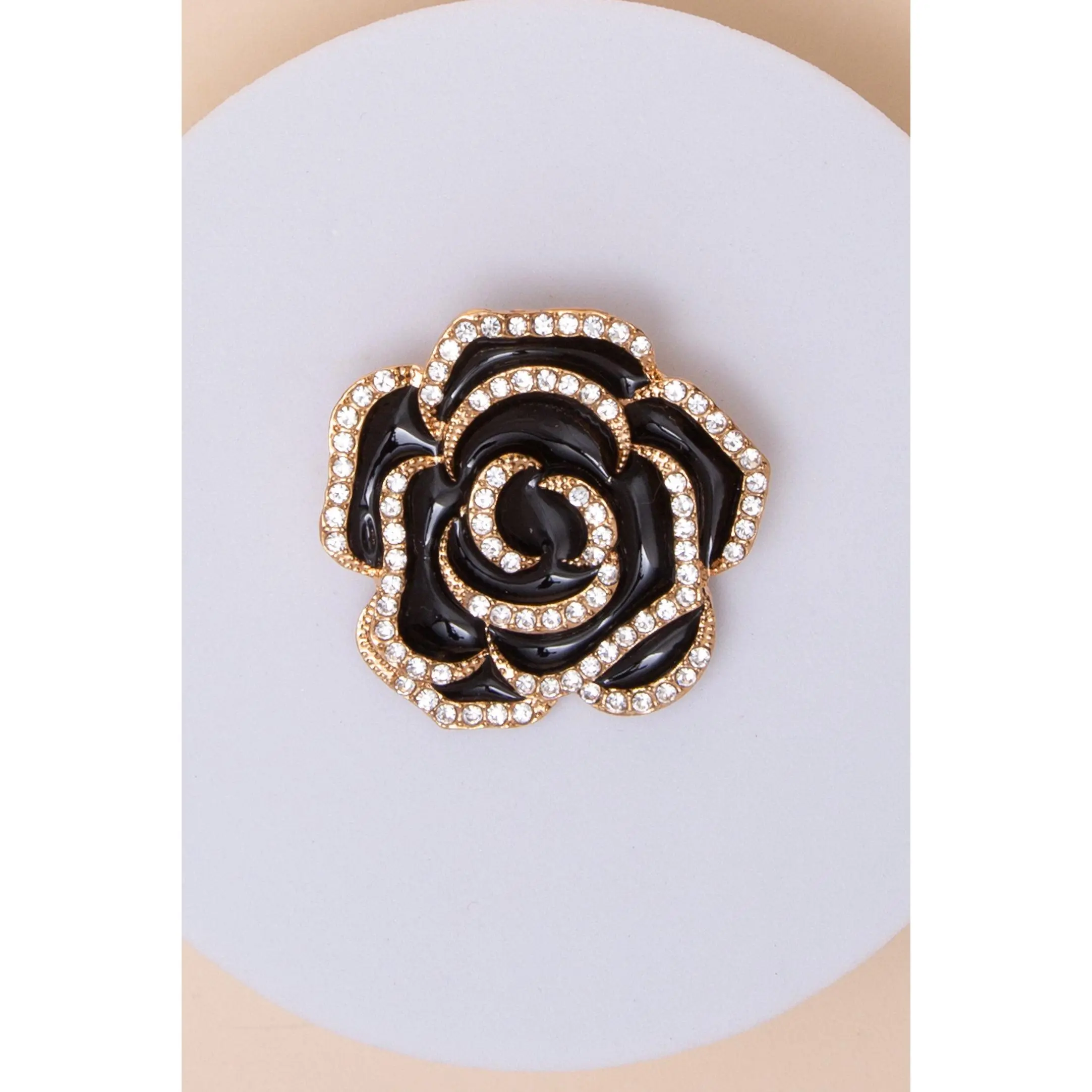 Genevieve Camellia Brooch Pin with Rhinestone Trim in Gold